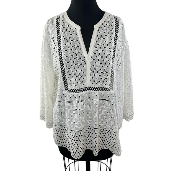 HALE BOB Eyelet Blouse Top White Cotton Split Neckline Long Sleeves Size L Large - Picture 1 of 10
